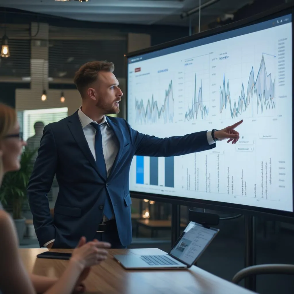 Consultor presentando análisis de datos a un cliente